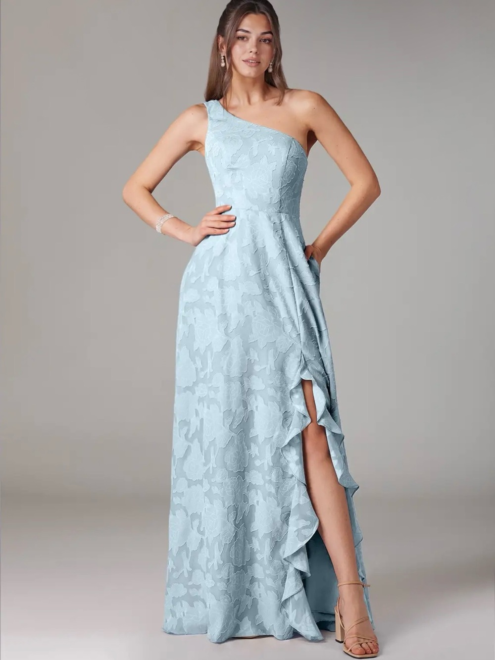 Azazie One-Shoulder Light Blue Floral Ruffle Maxi